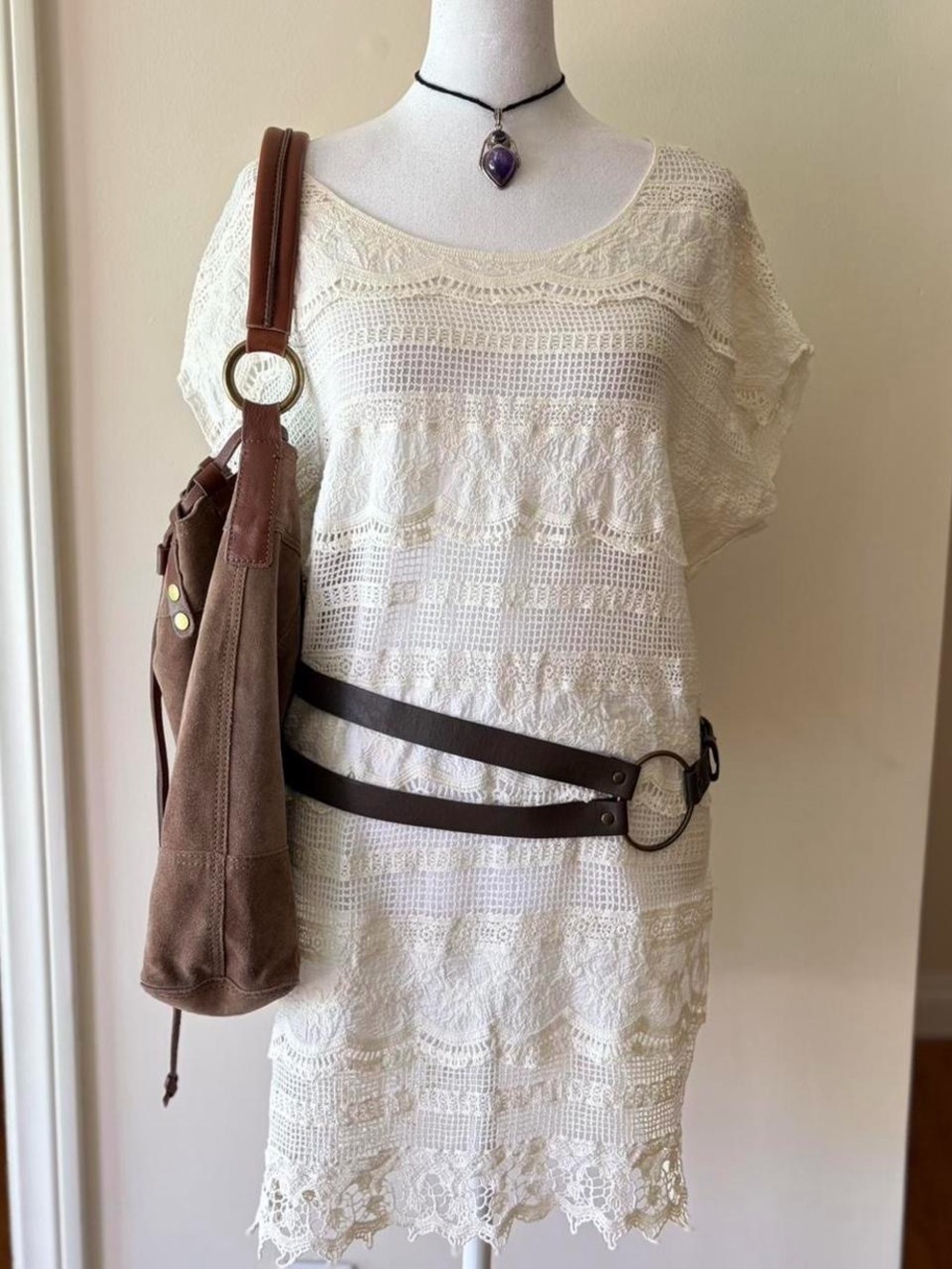 Vintage Edwardian boho sheer lace dress white floral embroidered crochet M/L